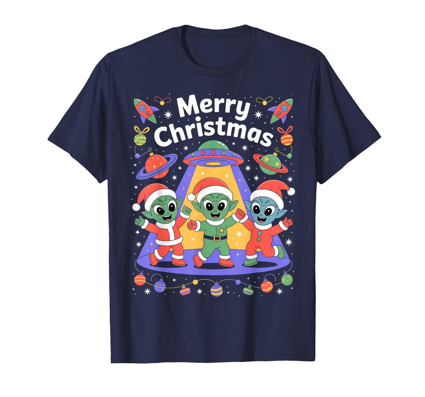 Funny Alien Trio Merry Ugly Christmas Santa Hat Gifts Xmas T-Shirt
