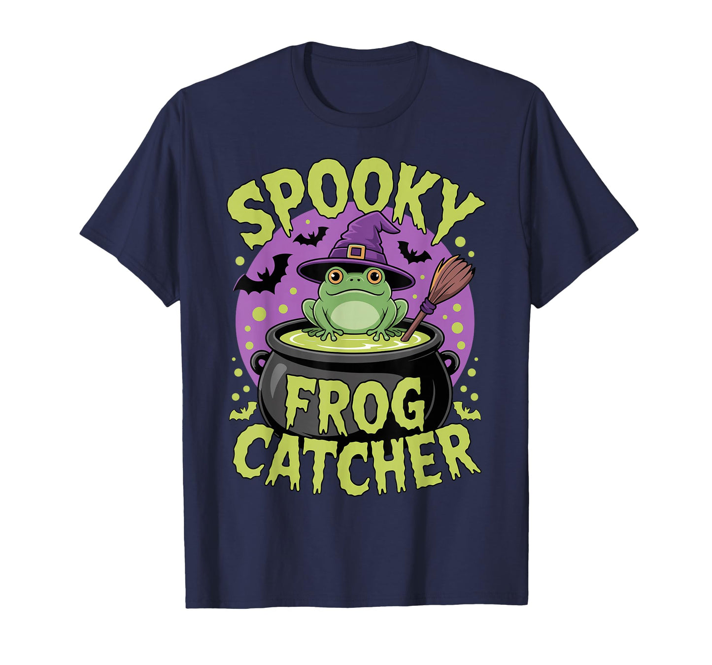 Kawaii Frog Witch with Bats and Cauldron Halloween T-Shirt