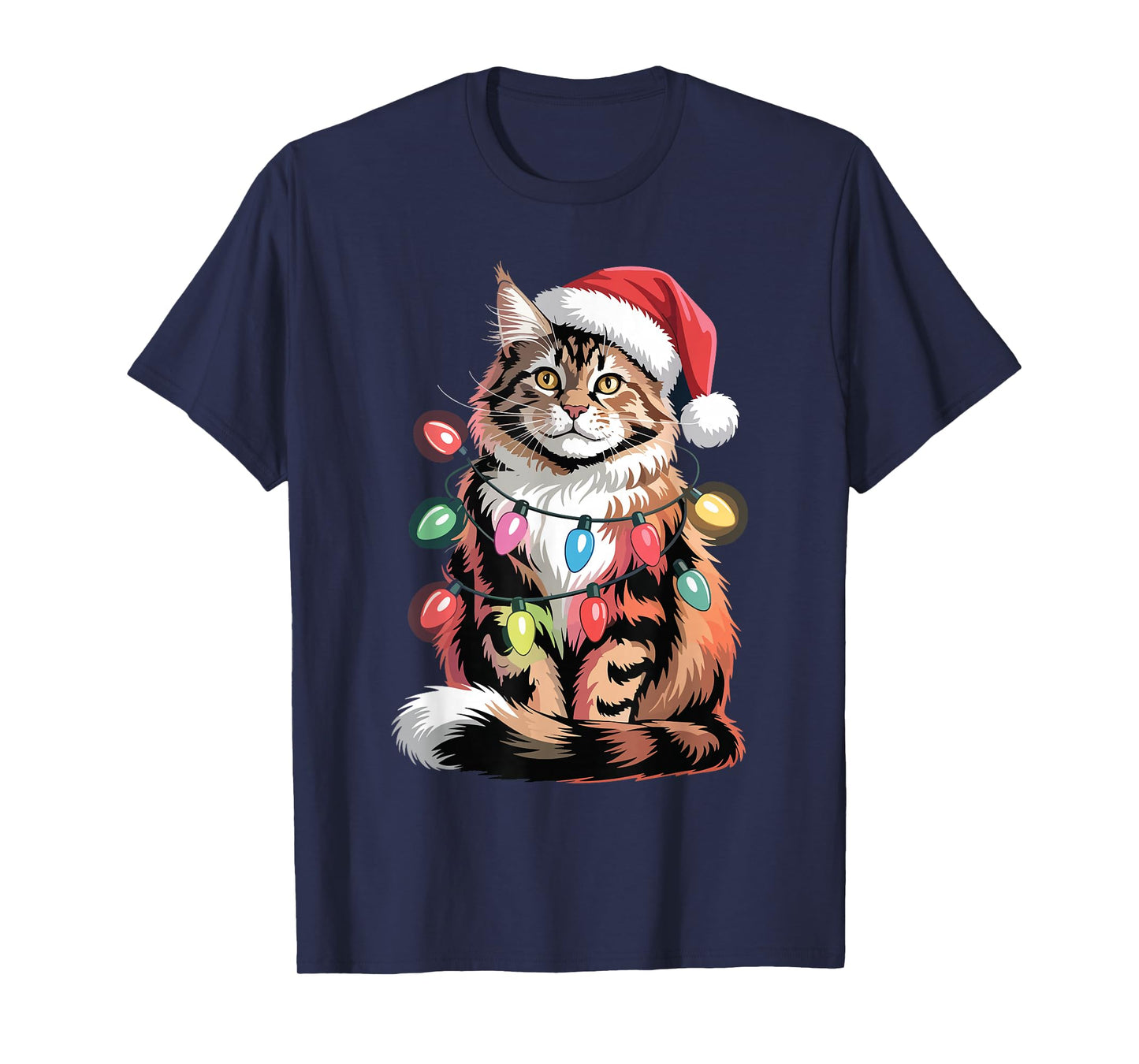 Maine Coon Santa Hat Christmas Lights Xmas Tree Men Women T-Shirt