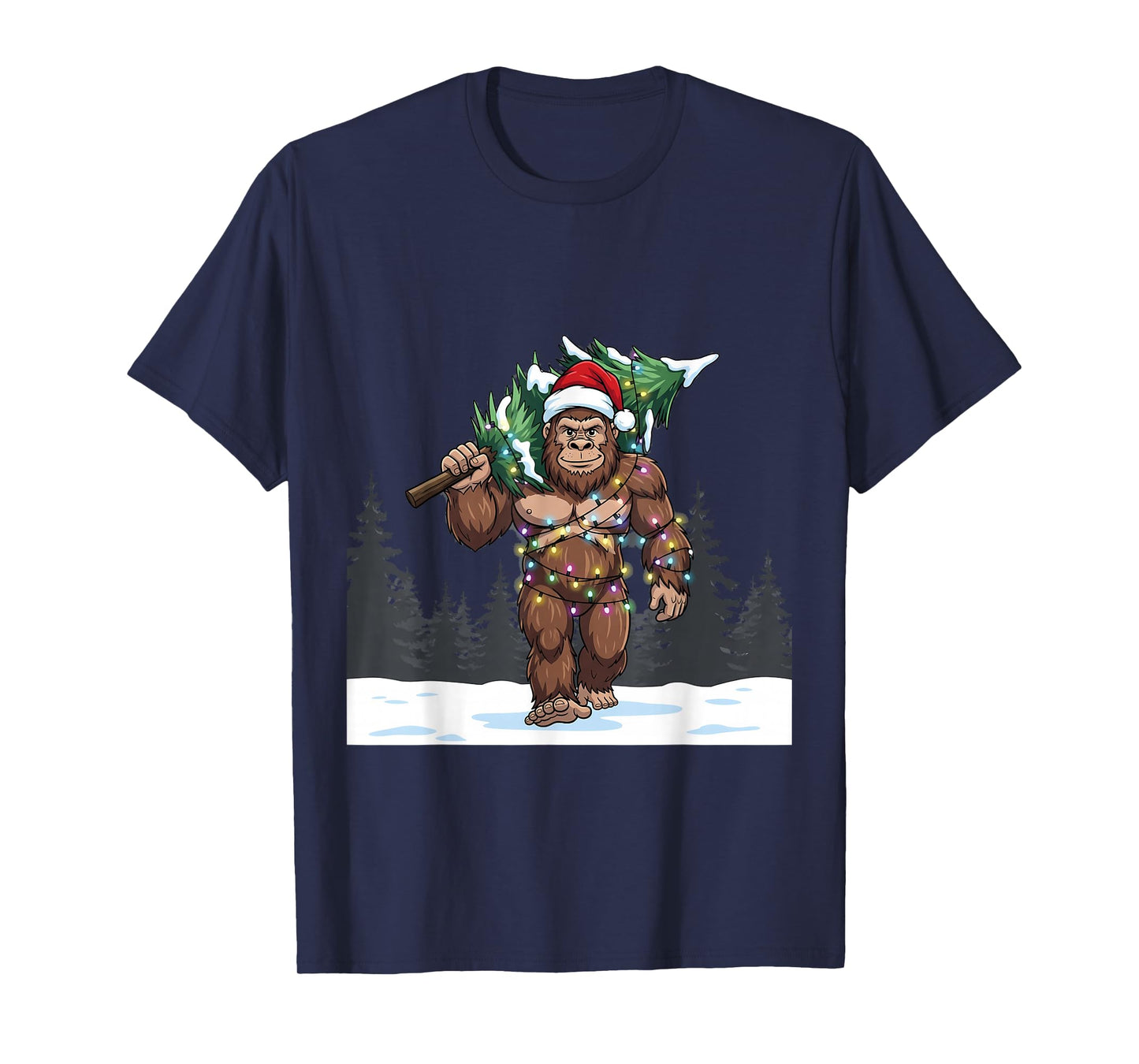 Bigfoot Christmas Tree Funny Holiday Lights Santa T-Shirt