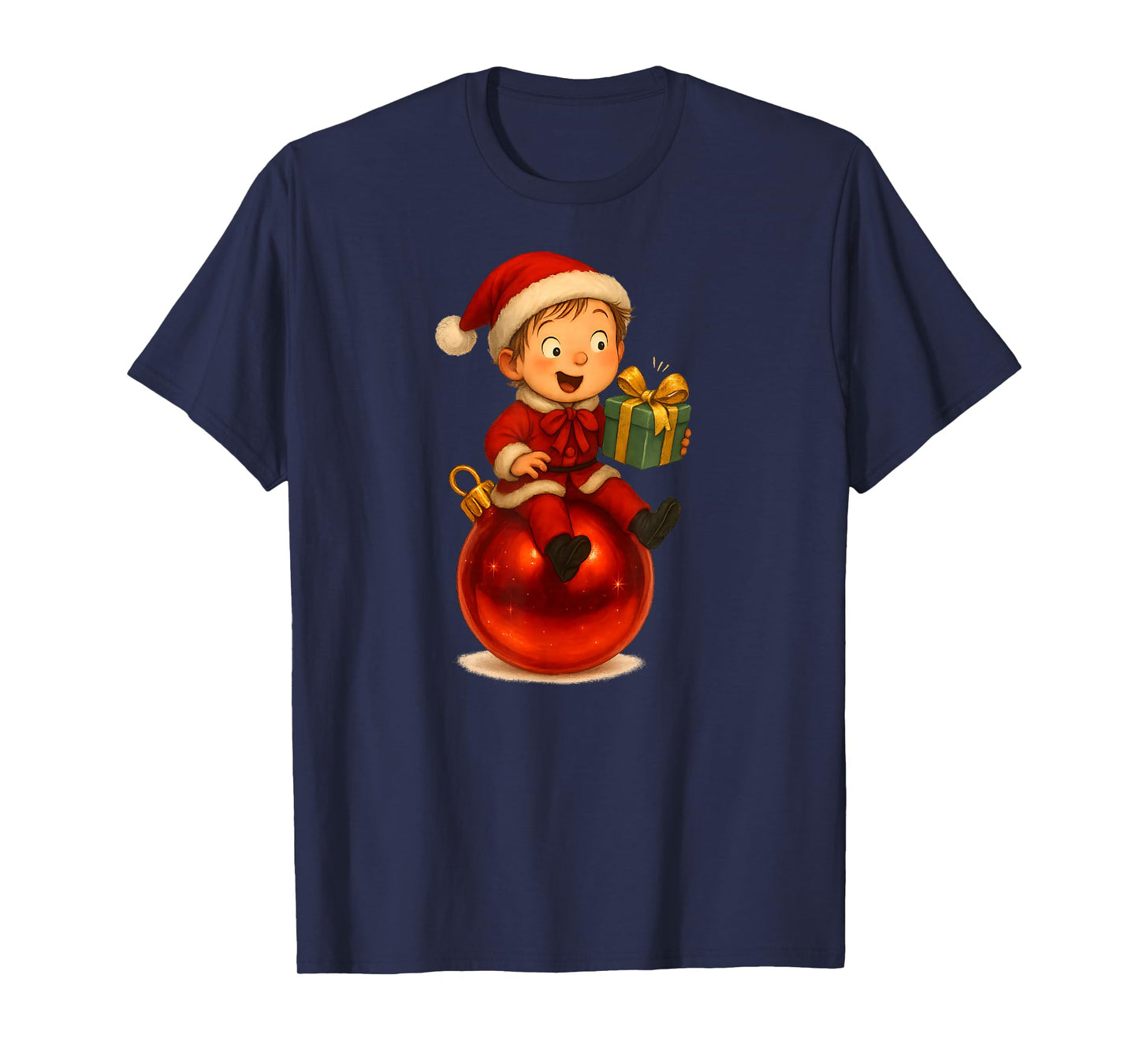 Christmas Holiday Kid in Santa Costume on Giant Red Ornament T-Shirt