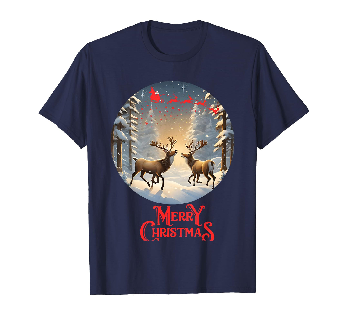 Merry Christmas Reindeers Santa Sleigh Cute T-Shirt