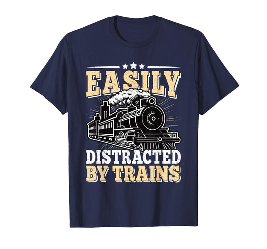 Easily Distracted By Trains Railroad Model Train Conductor T-Shirt