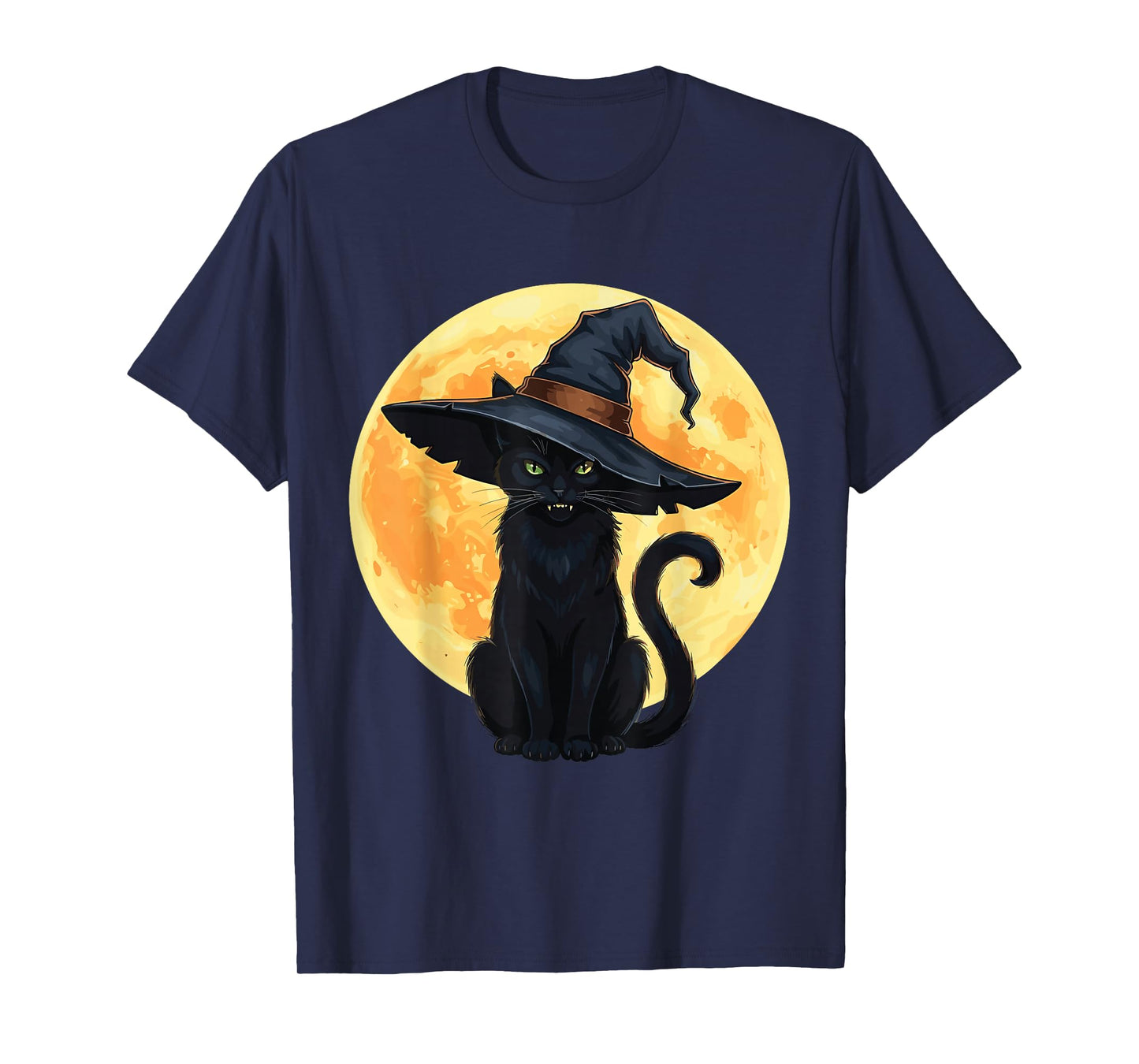 Vintage Scary Black Cat with Full Moon Witch Hat T-Shirt