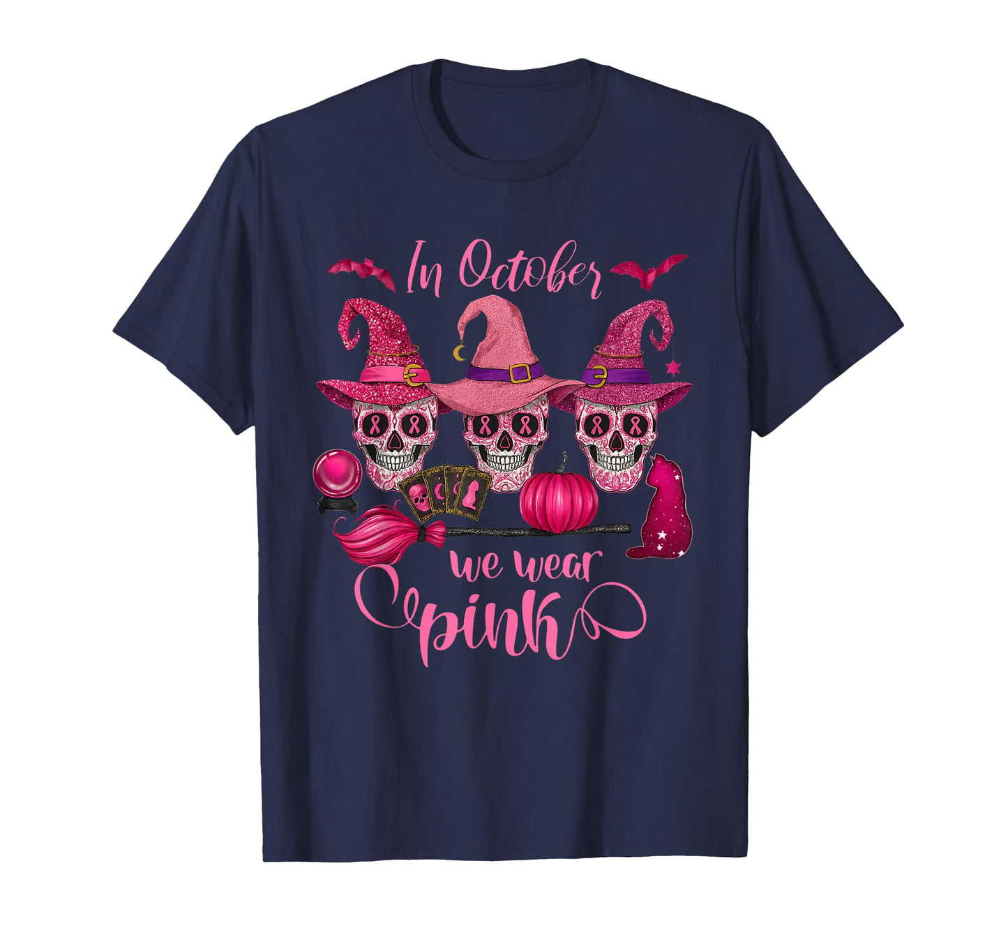 in October We Wear Pink Ribbon Witch Halloween Breast Cancer T-Shirt
