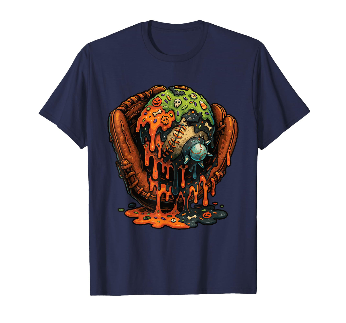 Vintage Baseball Halloween Glove Ice Cream Dripping Baseball T-Shirt