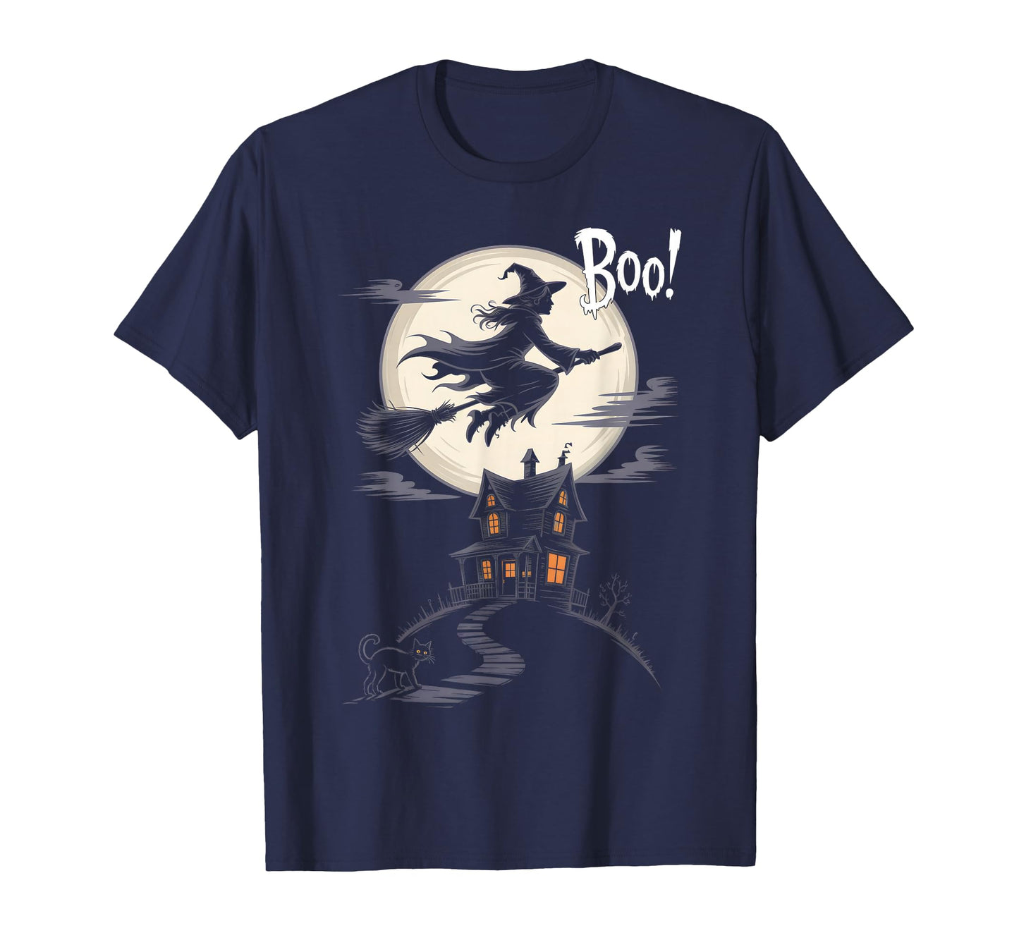 Flying Witch Boo Haunted Spooky House Halloween Night T-Shirt