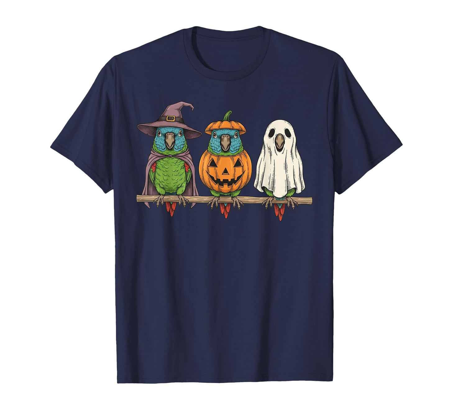 Spooky Ghost Blue Crowned Conure Parrot Pumpkin Halloween T-Shirt
