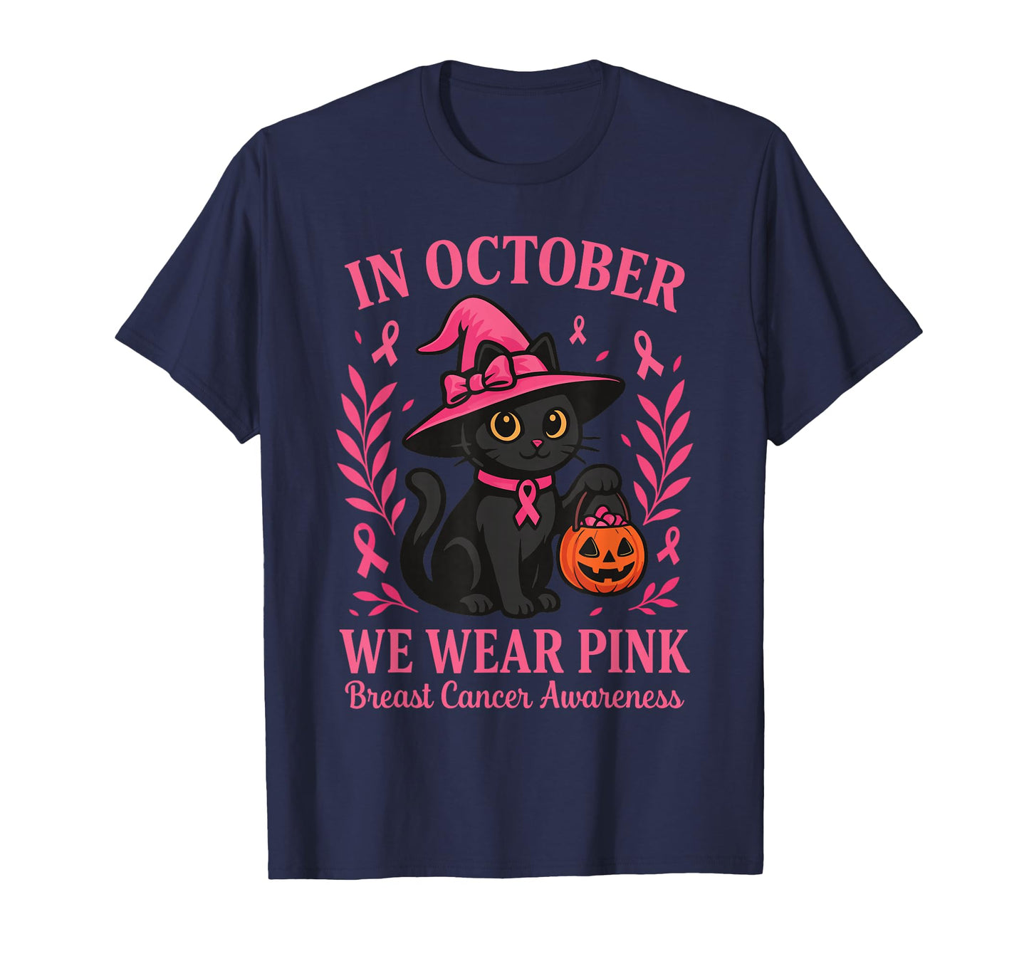 We Wear Pink in October Women Halloween Cat Breast Cancer T-Shirt