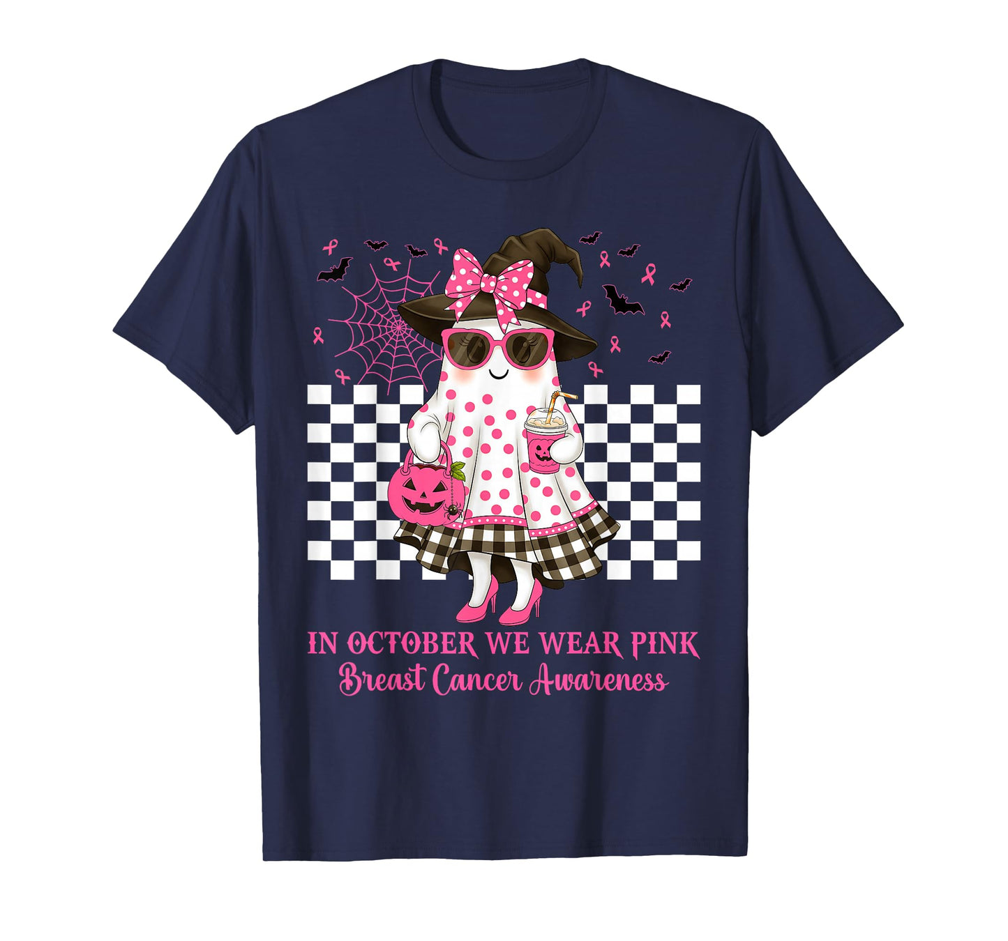 in October We Wear Pink Ghost Witch Breast Cancer Awareness T-Shirt