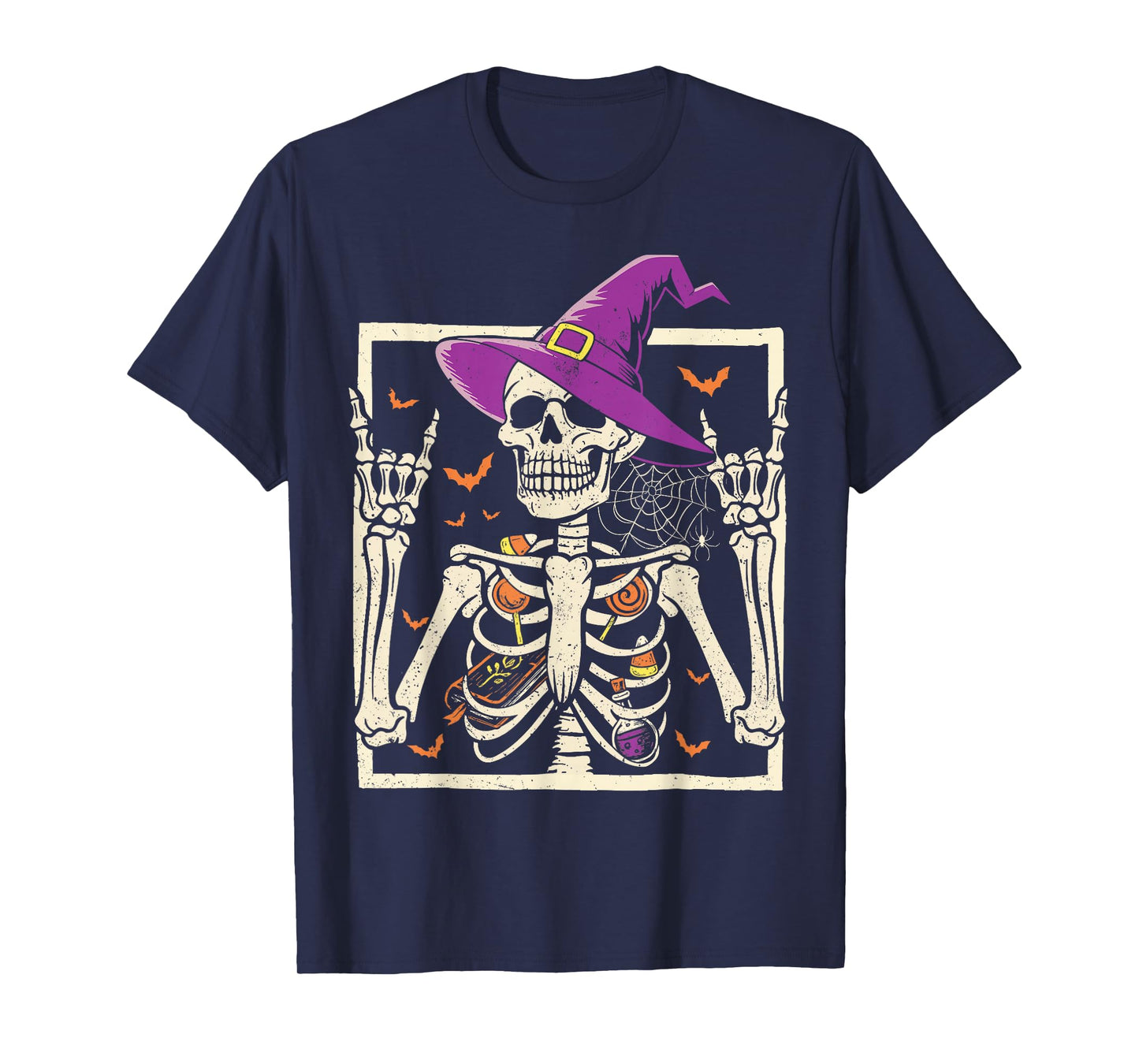 Rocker Skeleton Witch Hat Spooky Cool Design Punk Rock On T-Shirt