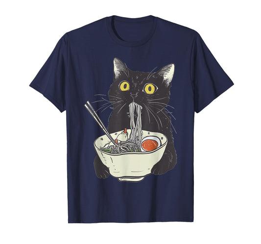 Japanese Cat Funny Cat Eating Ramen Vintage Japanese Noodles T-Shirt