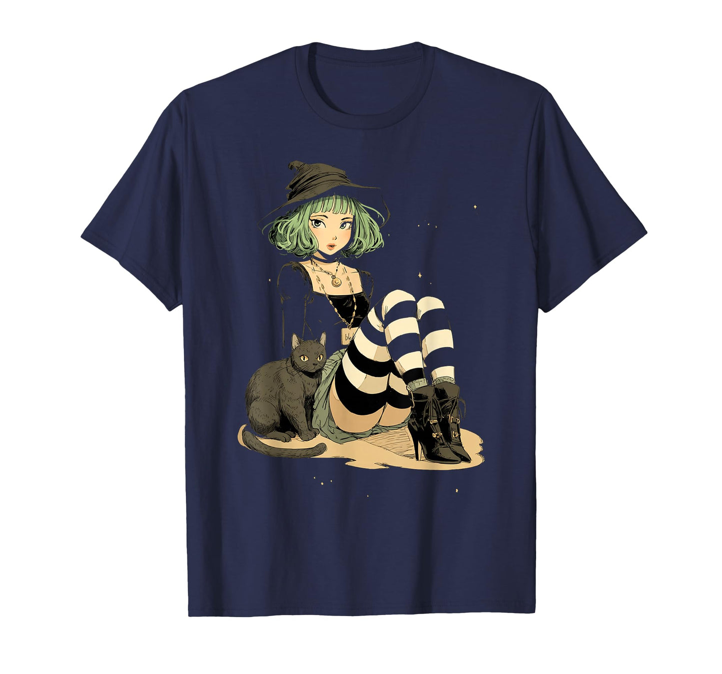 Sexy Witch Green Hair Black White Stripe Stockings Halloween T-Shirt
