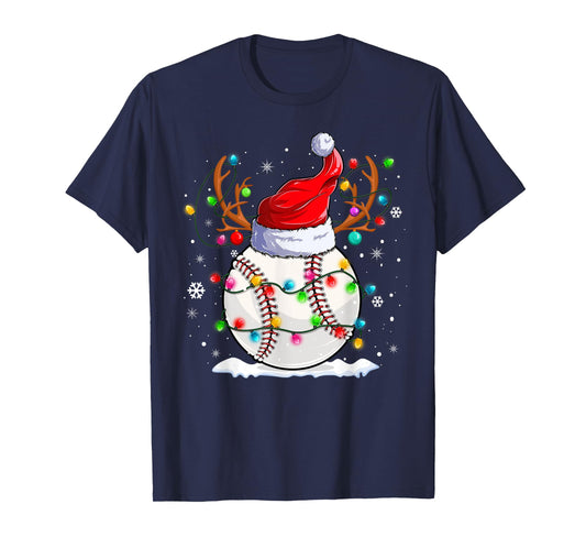Baseball Santa Hat Reindeer Christmas Lights Funny Xmas T-Shirt