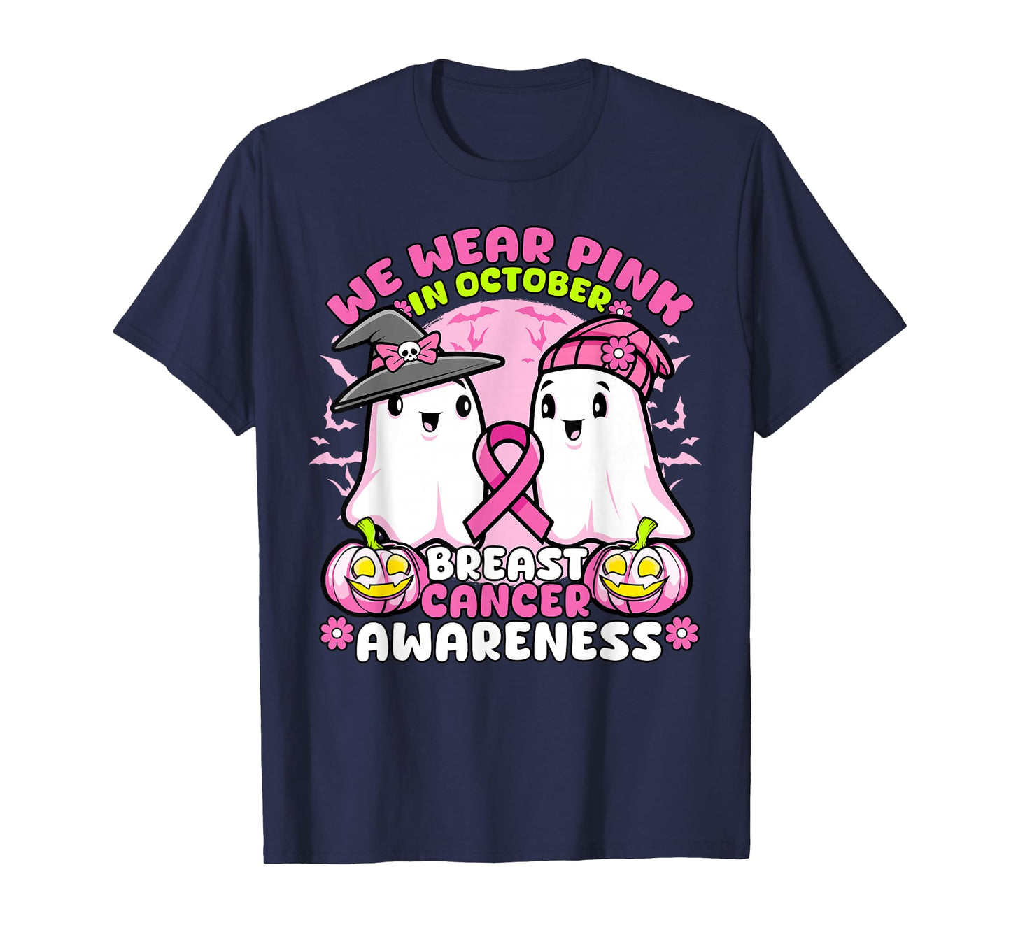 Breast Cancer Halloween Ghost in October We Wear Pink Ribbon T-Shirt