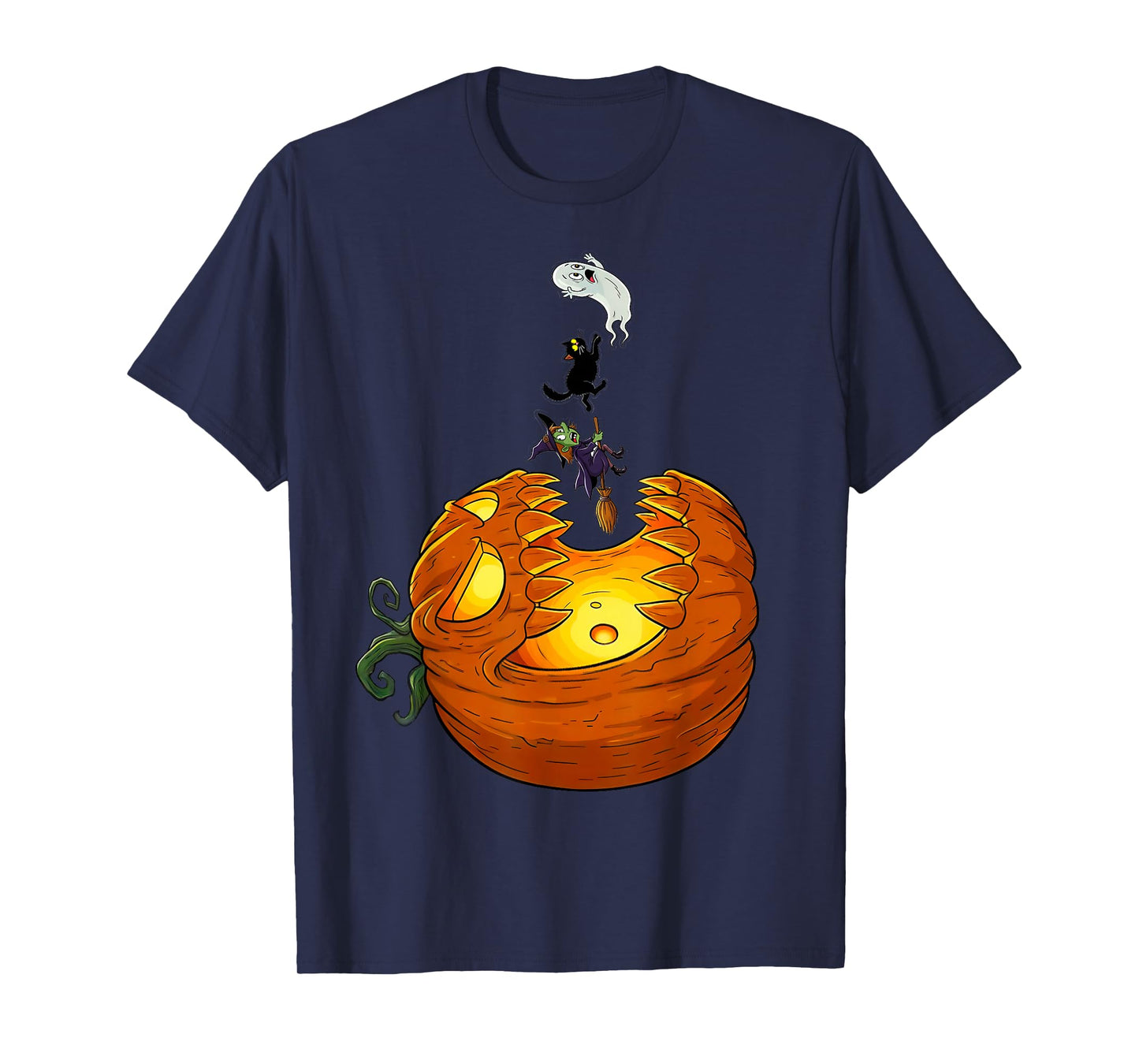 Jack O Pumpkin Chasing A Witch Cat Ghost Vertically Up The T-Shirt