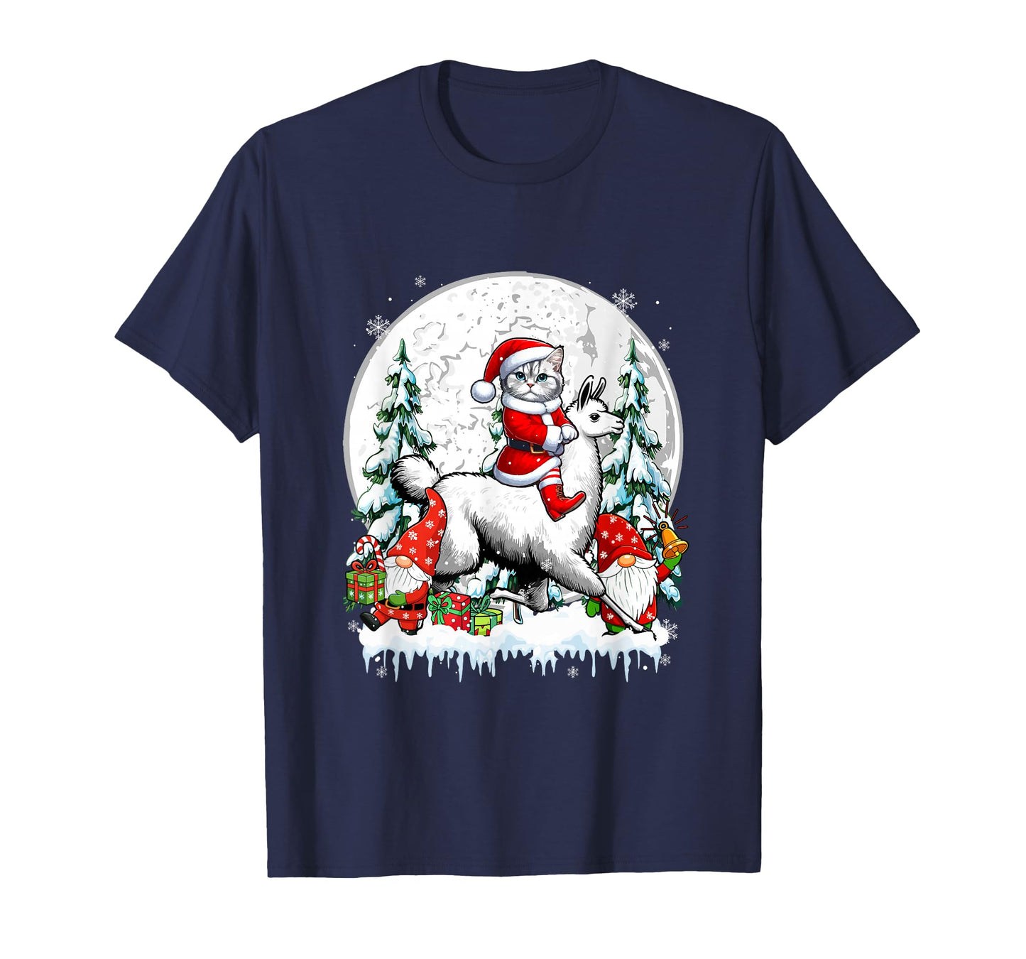 Santa Cat Riding Llama Gnomes Christmas Trees Family Kids T-Shirt