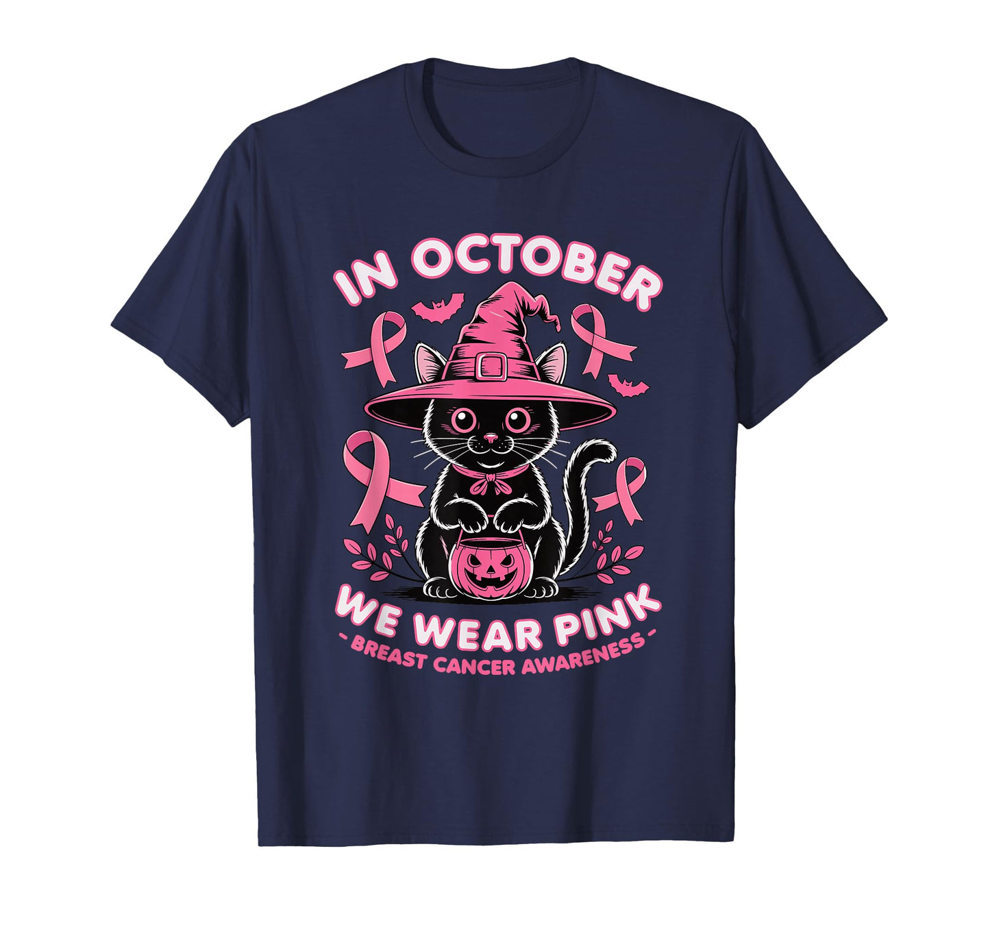 We Wear Pink in October Breast Cancer Women Halloween Cat T-Shirt