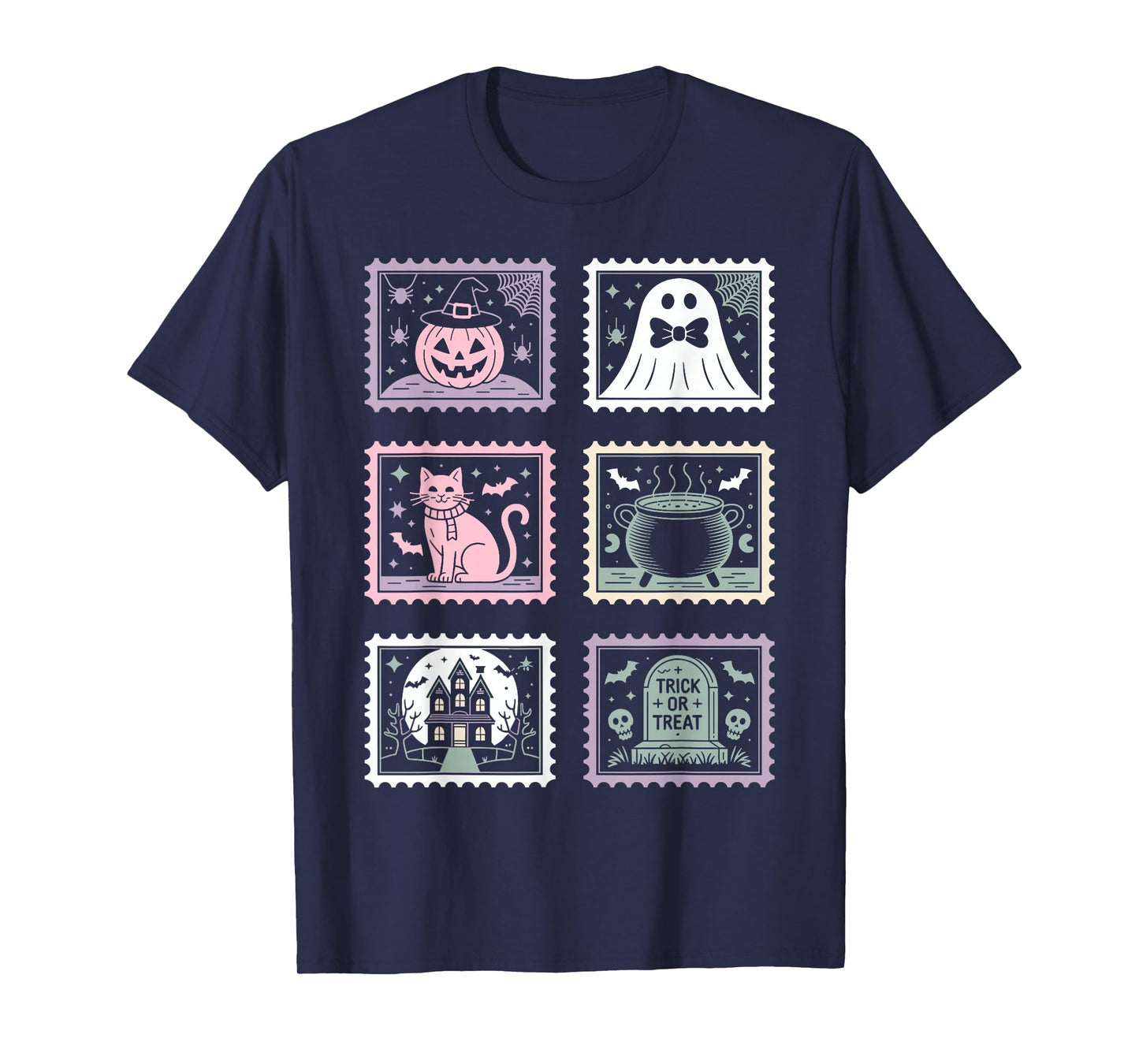 Halloween Stamps Spooky Pumpkin Ghost Cat Witch Skeleton T-Shirt