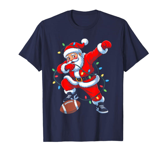 Dabbing Santa Xmas Lights Football Christmas Boys Men Kids T-Shirt