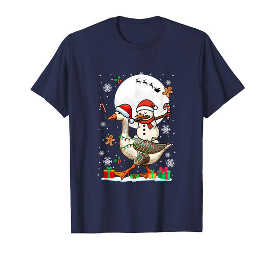 Dabbing Snowman On Goose Christmas Santa Colorful Lights T-Shirt