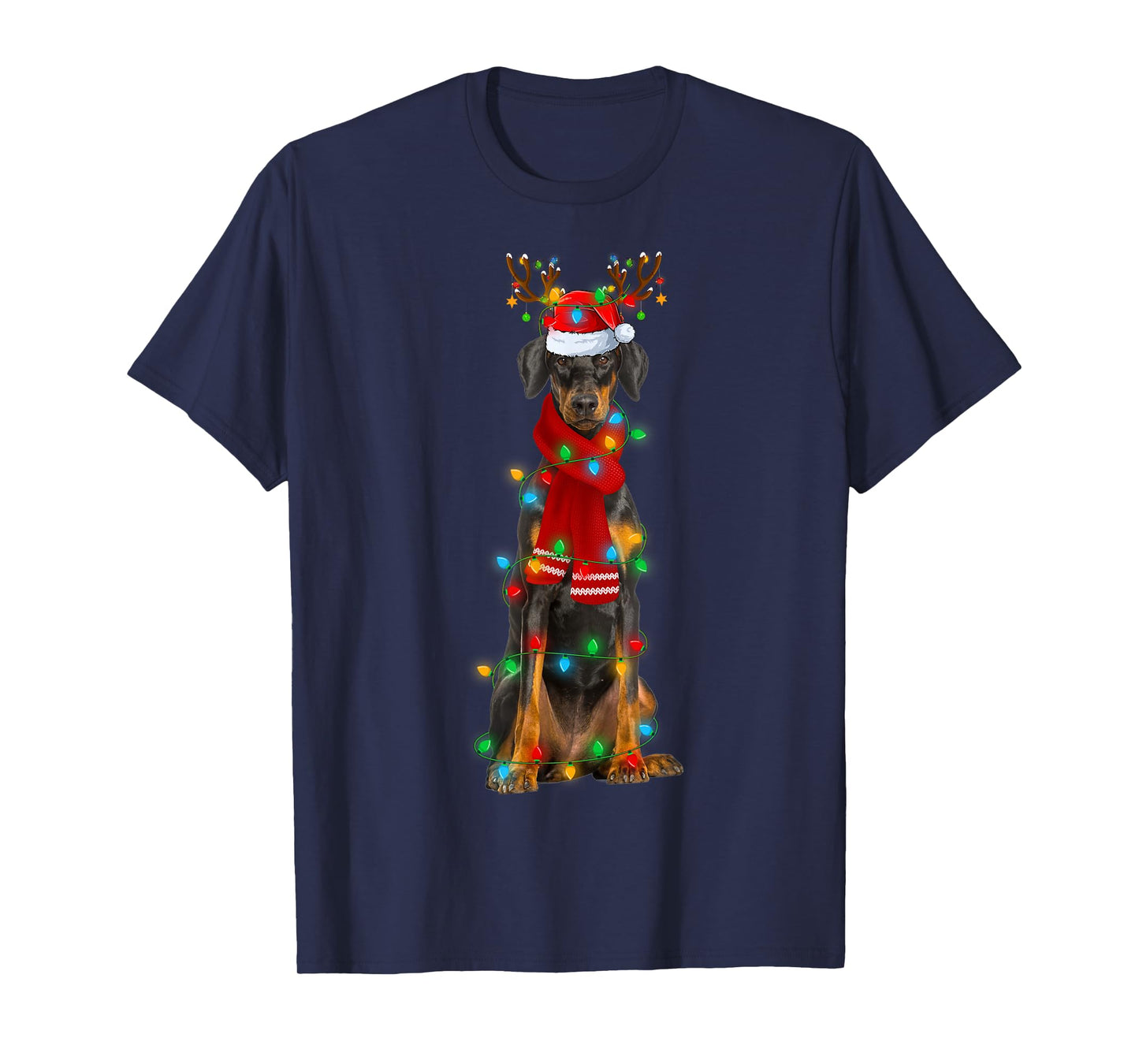 Doberman Pinscher Dog Christmas Lights Santa Hat Xmas T-Shirt