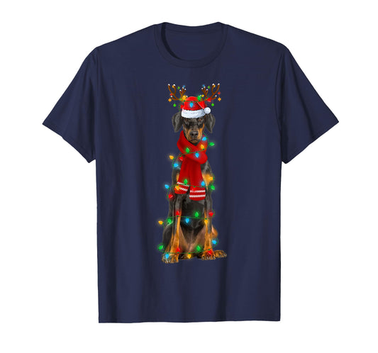 Doberman Pinscher Dog Christmas Lights Santa Hat Xmas T-Shirt