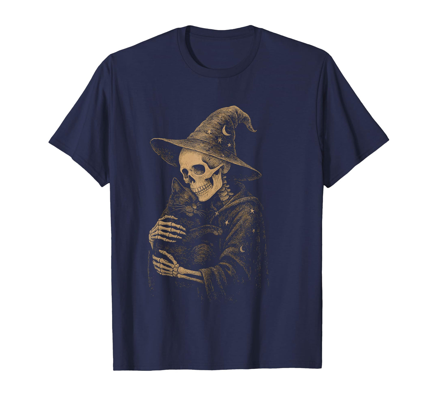 Skeleton Wizard Hugging Cat Gothic Witchcraft T-Shirt