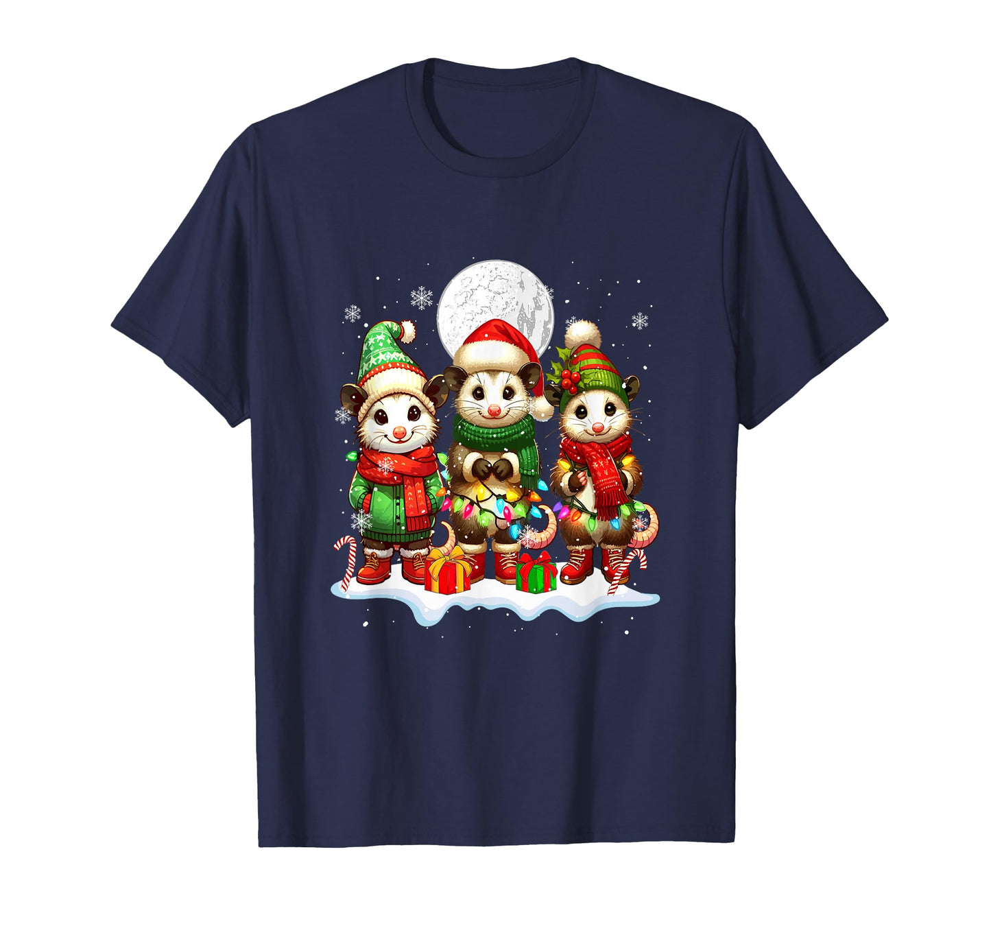 Three Santa Opossums Christmas Snow Colorful Lights Lover T-Shirt