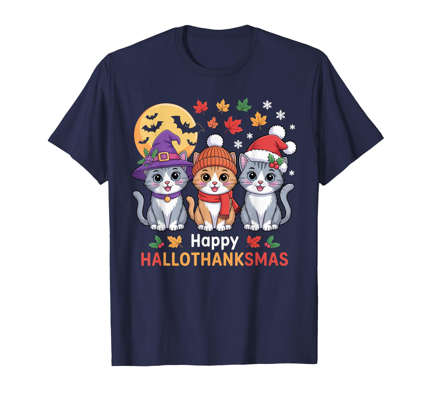 Halloween Thanksgiving Christmas Happy HalloThanksMas Cats T-Shirt