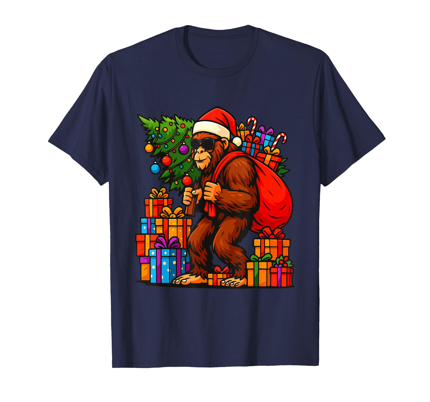Santa Bigfoot Christmas Tree Lights Xmas Boys Men Sasquatch T-Shirt
