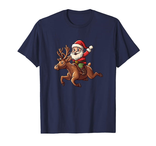 Festive Santa Claus Saddles Up on a Pretty Reindeer T-Shirt