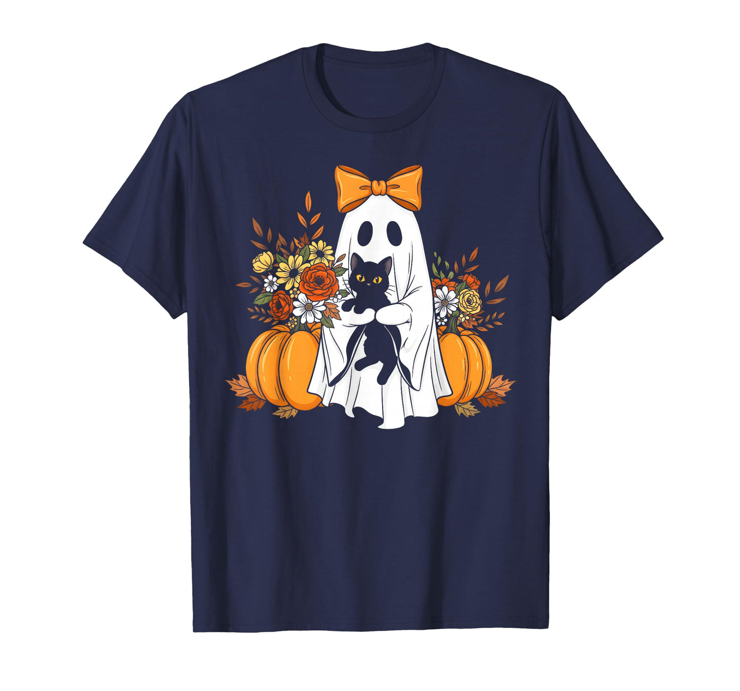 Vintage Halloween Ghost Holding Black Cat Groovy Floral T-Shirt