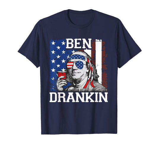 Funny Ben Drankin 4th Of July USA Flag Men Drinking Beer T-Shirt