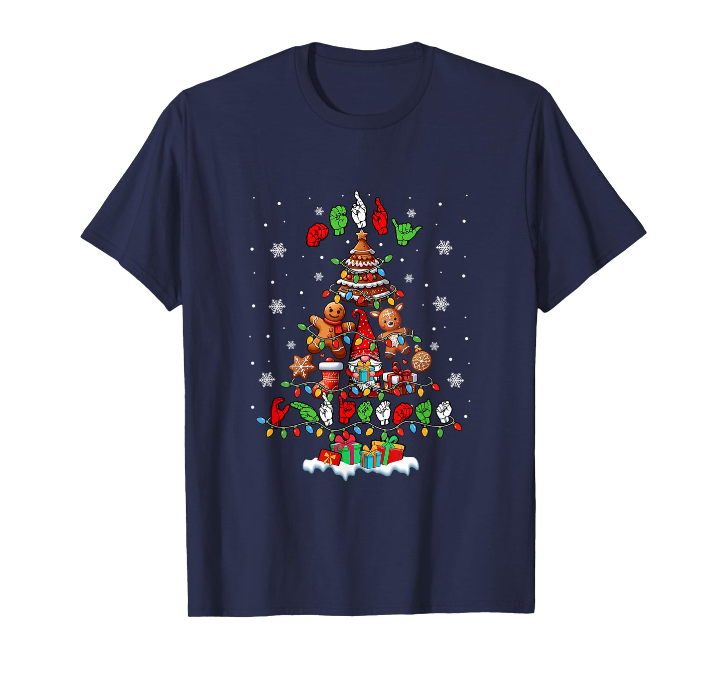 Merry Christmas Hands Sign Language Gnomes Cookies Xmas Tree T-Shirt