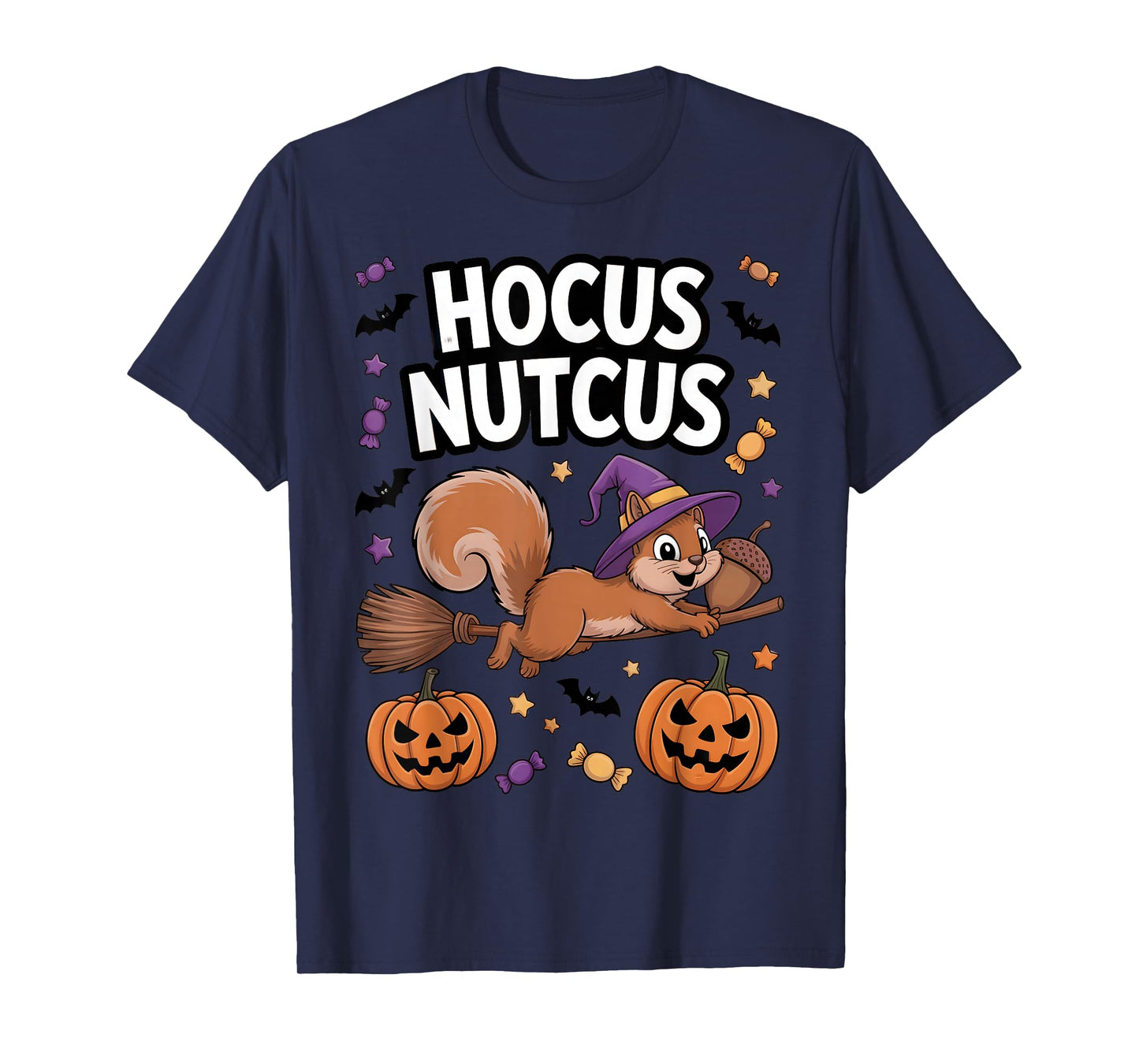 Hocus Nutcus Squirrel Witch Hat Broom Pumpkin Bat Halloween T-Shirt