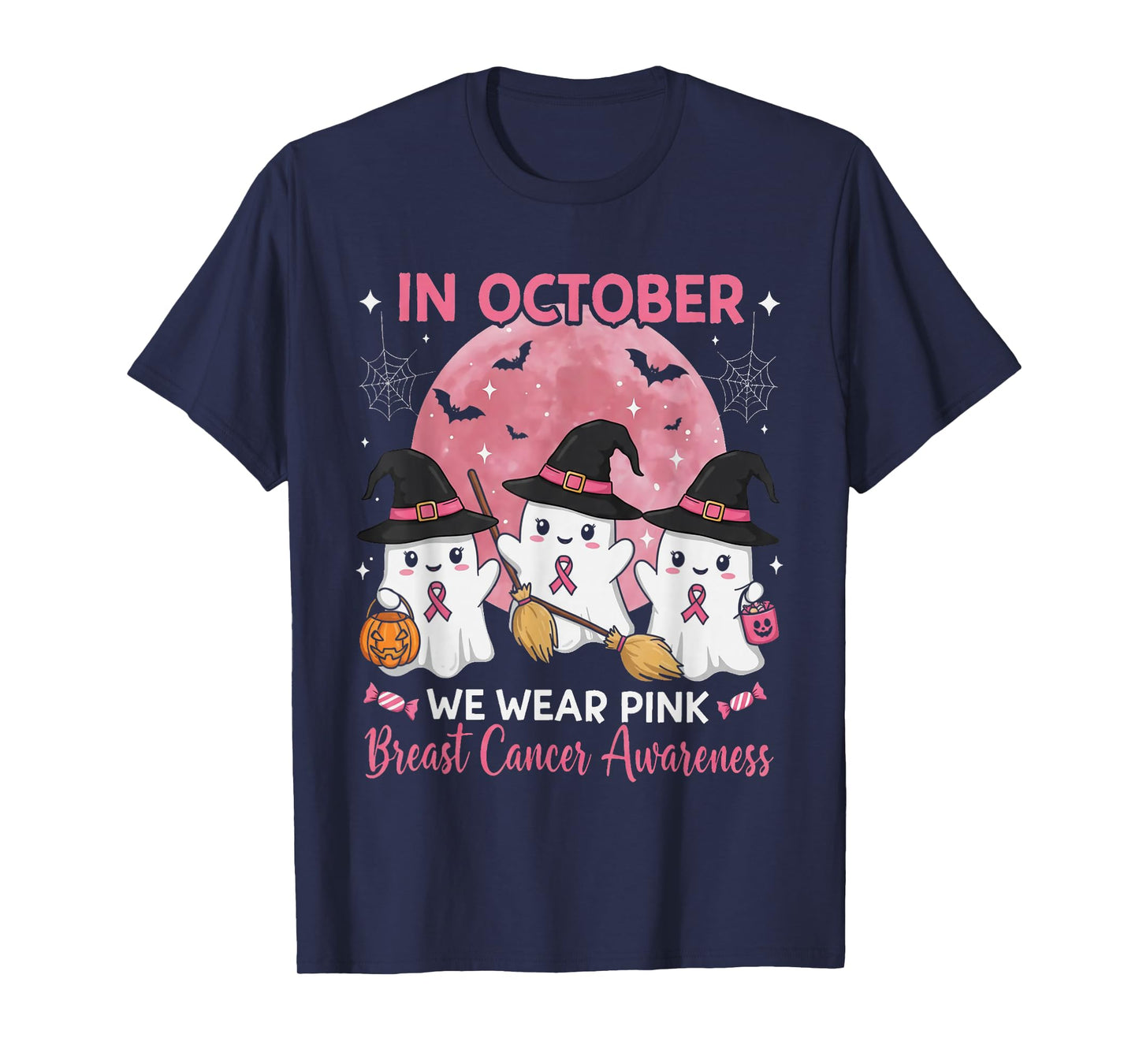 in October We Wear Pink Ghost Witch Breast Cancer Awareness T-Shirt
