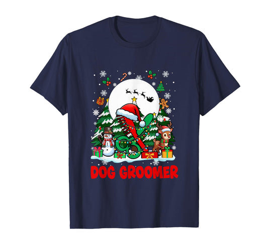 Dog Groomer Job Tools Santa Snowmen Reindeer Christmas Trees T-Shirt