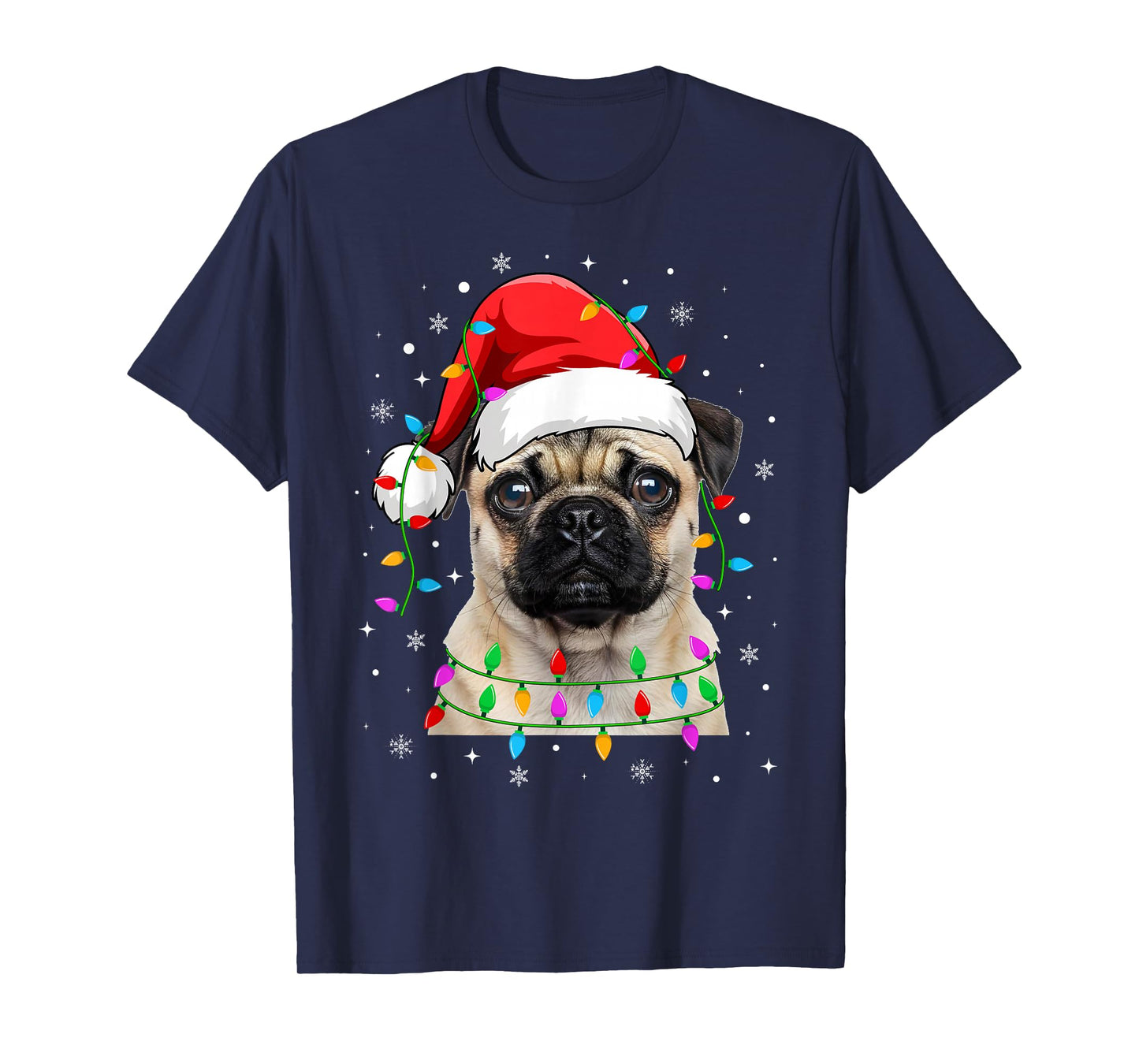 Pug Christmas Lights Santa Hat Pug Dogs Xmas T-Shirt