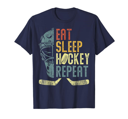 Eat Sleep Hockey Repeat Kids Adult Ice Hockey Retro Vintage T-Shirt