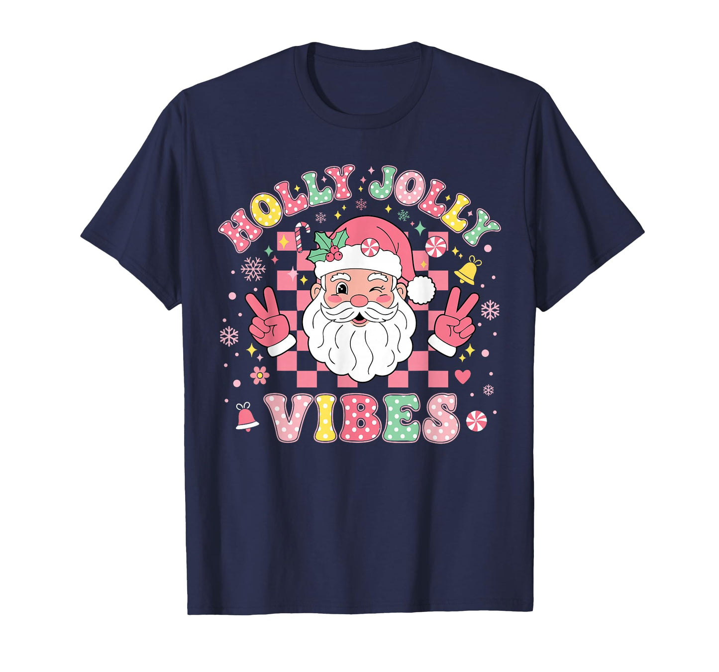 Groovy Holly Xmas Jolly Vibes Pink Christmas Santa Men Women T-Shirt