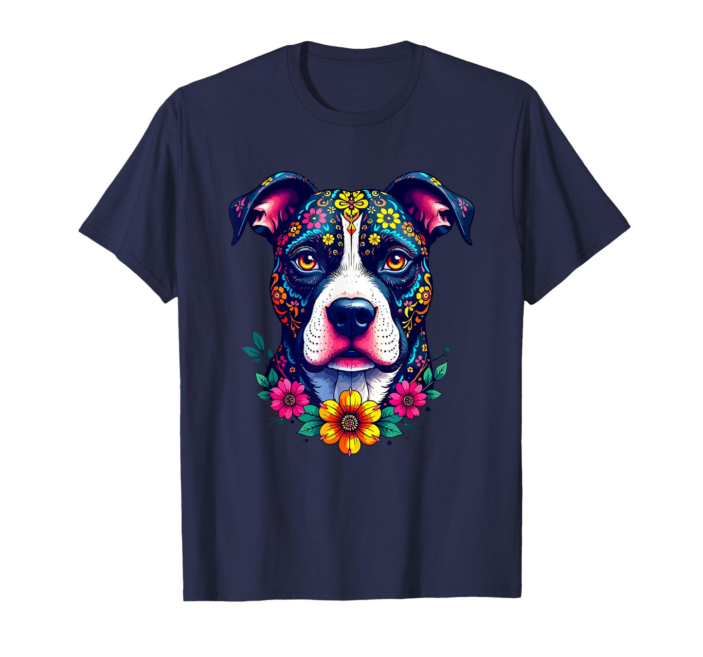 Mexican Sugar Skull Pitbull Dog Dia de Muertos Halloween Day T-Shirt