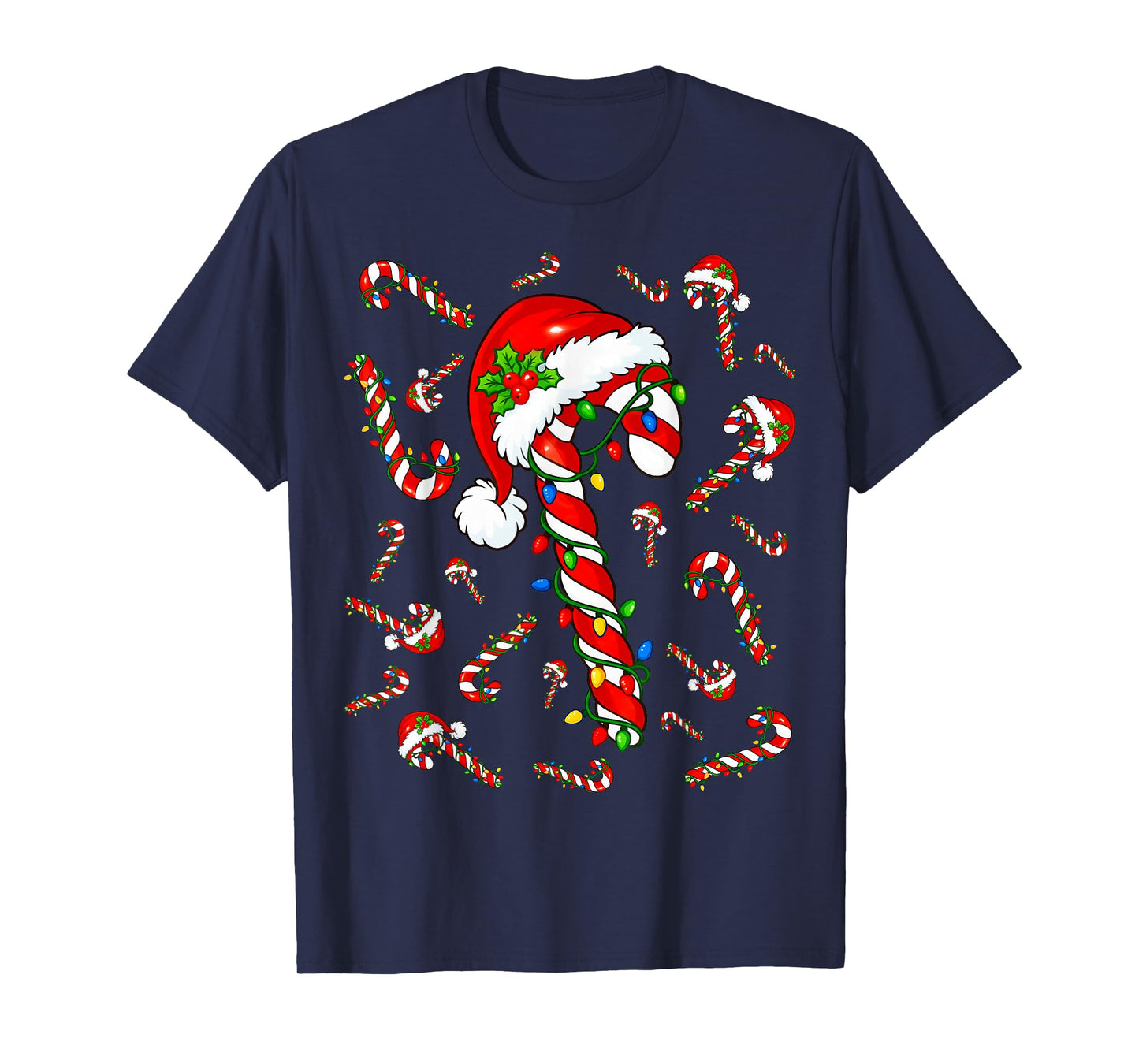 Candy Cane Santa Christmas Red and White Funny Xmas Lights T-Shirt