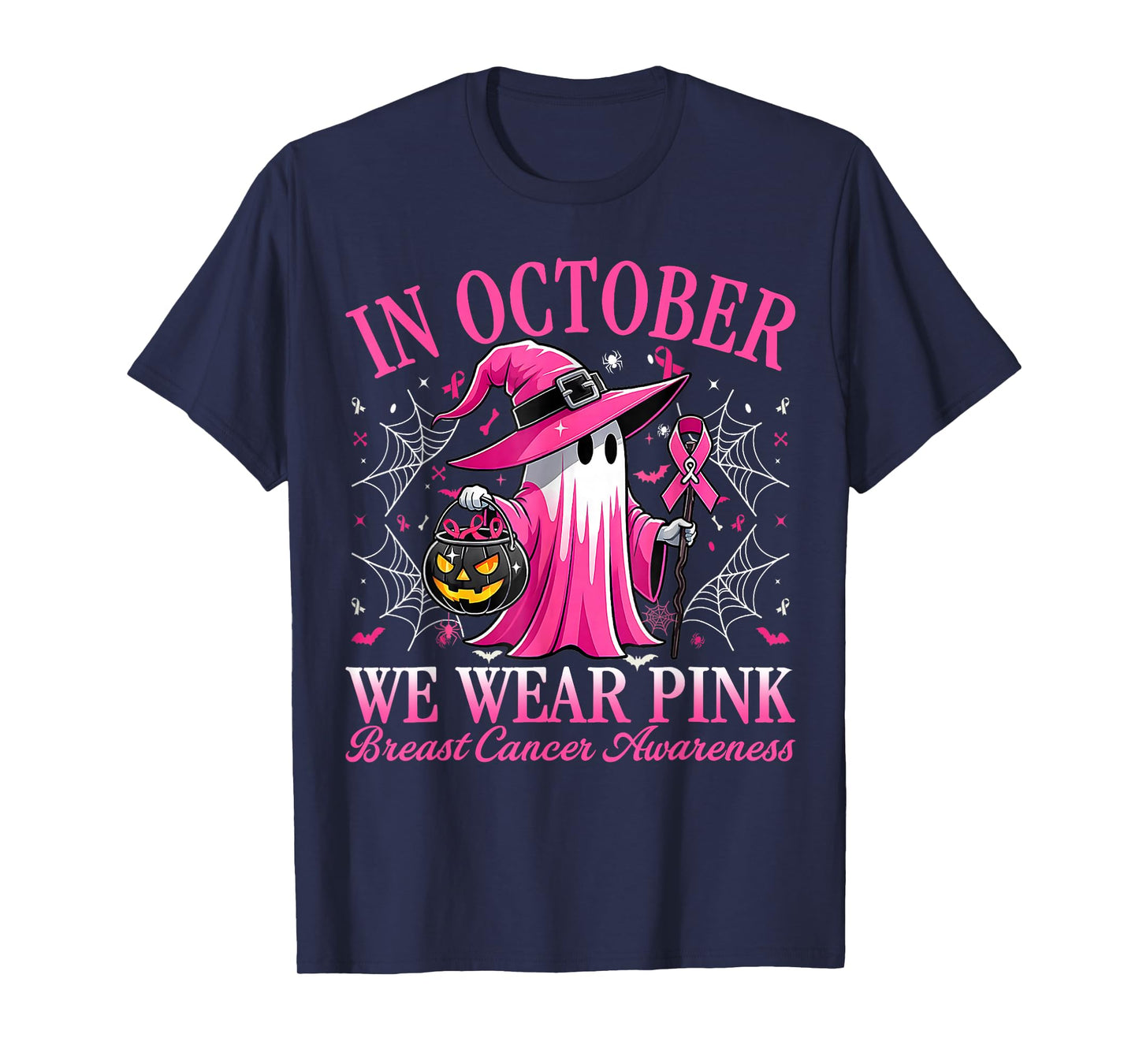 in October We Wear Pink Witch Breast Cancer Women Halloween T-Shirt