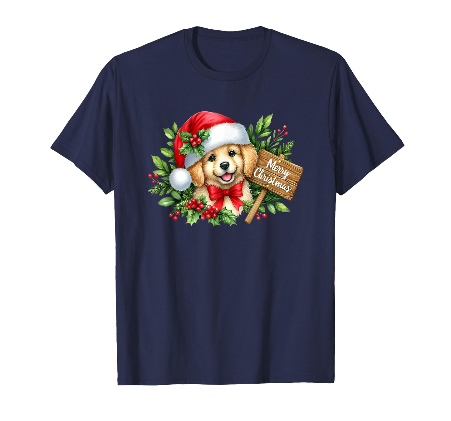 Merry Christmas Puppy Santa Hat Holly Sign T-Shirt