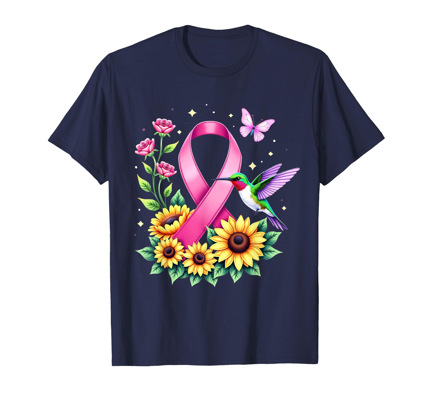 Hummingbird Sunflower Pink Ribbon Breast Cancer Awareness T-Shirt