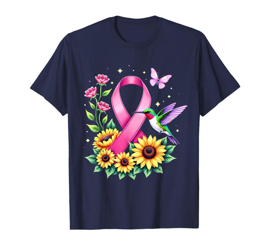 Hummingbird Sunflower Pink Ribbon Breast Cancer Awareness T-Shirt
