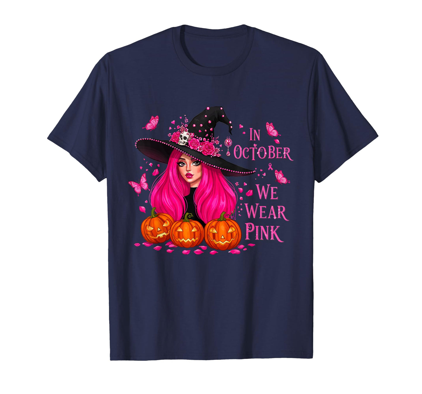 in October We Wear Pink Witch Breast Cancer Halloween T-Shirt