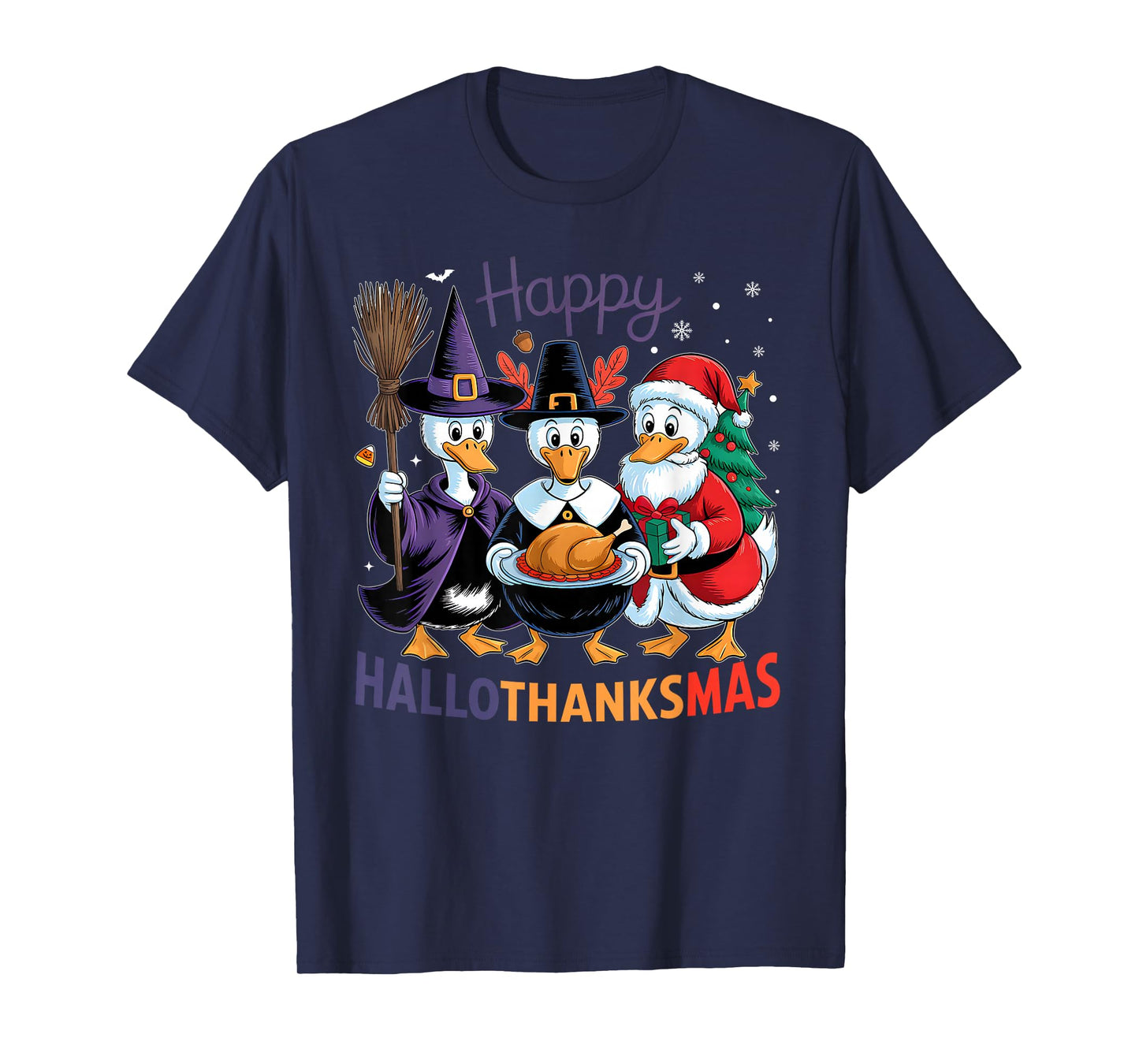 Happy HalloThanksMas Duck Halloween Thanksgiving Christmas T-Shirt
