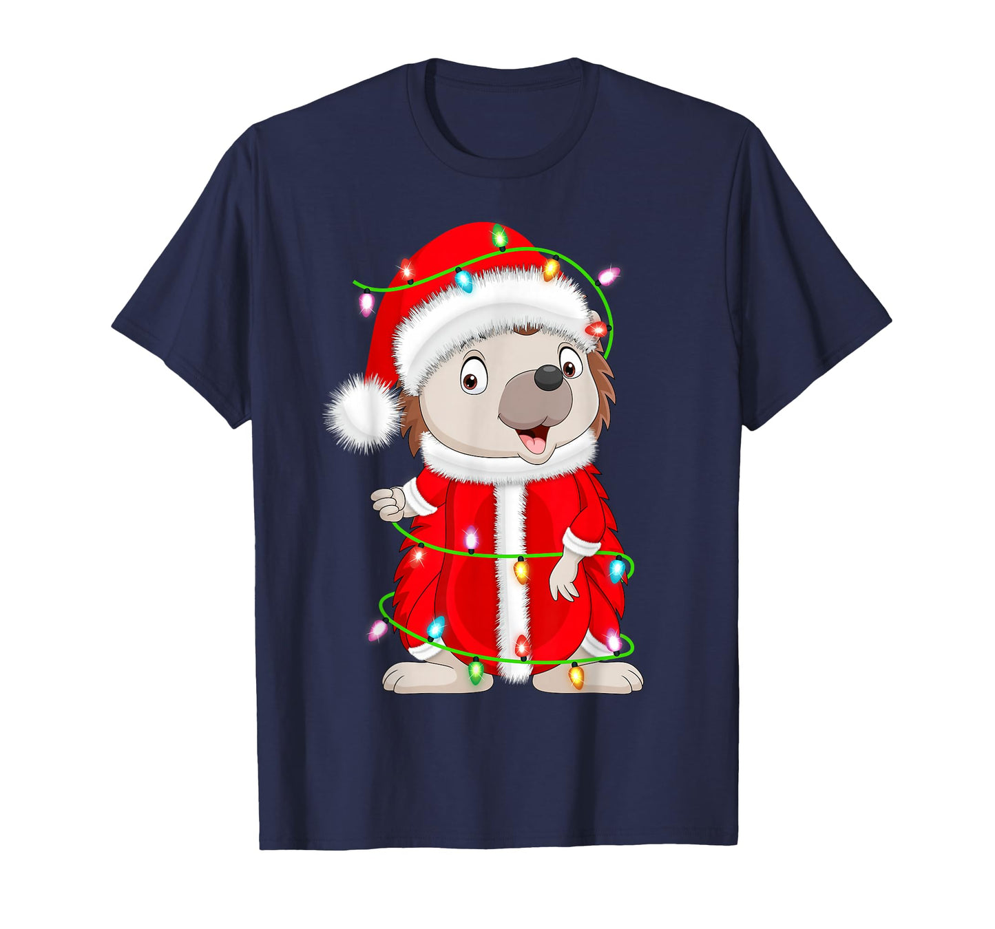 Hedgehog Christmas Lights Santa Costume Cute Animal Xmas T-Shirt
